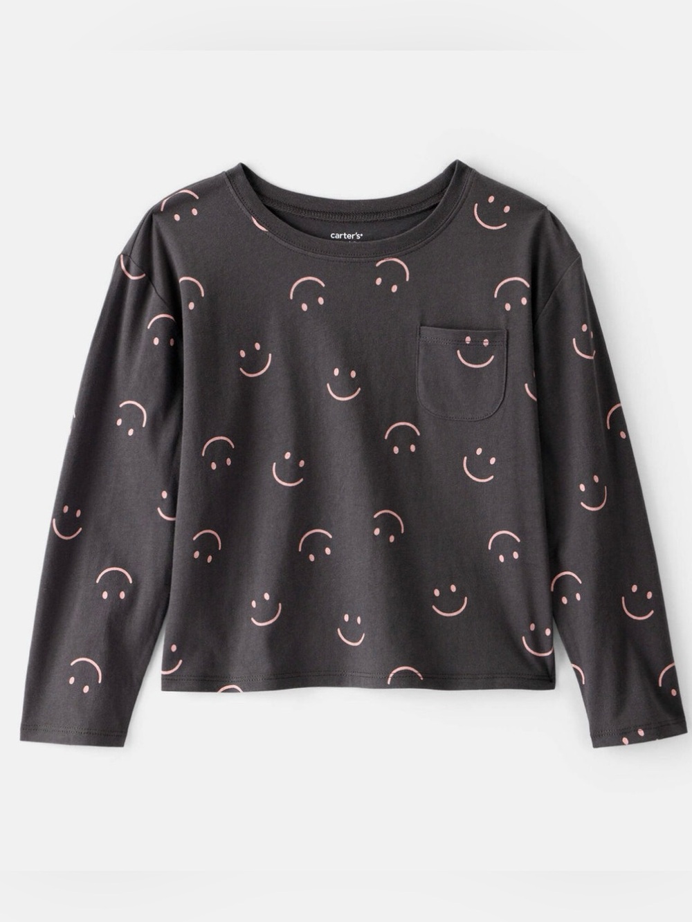 Girls Smiley Face Print Long-Sleeve Top - Black